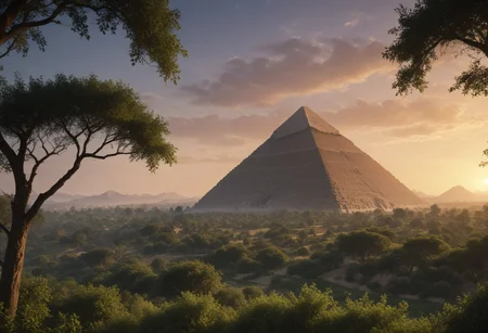 A photorealistic render of the The Great Pyramid of Giza, covered in overgrown vines, low-light, evening.