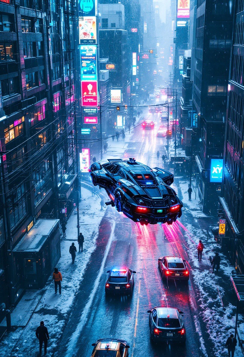 cyberpunk police car flying through a future city of new york, with sirens on the ground, snowy day with ice on blip, ultra-sharp, colorful, intricate details, hyper-detailed, chiaroscuro lighting