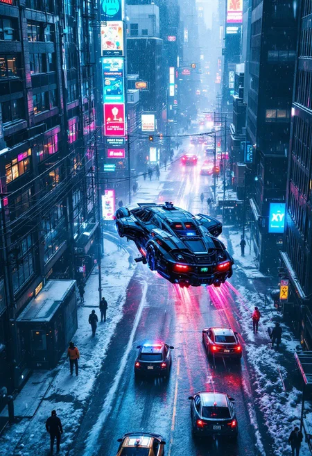 cyberpunk police car flying through a future city of new york, with sirens on the ground, snowy day with ice on blip, ultra-sharp, colorful, intricate details, hyper-detailed, chiaroscuro lighting