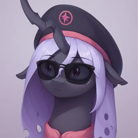 masterpiece, score_9, score_8_up, score_7_up, (best quality:1.1), ultra-detailed, high resolution, 1character, Queen Gytha, changeling, feral, holey hoofs, ragged ears, crooked horn, insect wings, black skin, pink freckles, very light purple membrane hair, very light purple membrane tail, highly Visible, cute, portrait of a leader, sunglasses, black beret with the emblem of the Greneclyf nation, sharp focus, perfect lighting, beautiful eyes, eyelashes, anatomically correct, extremely detailed, high detail, cute face, simple background