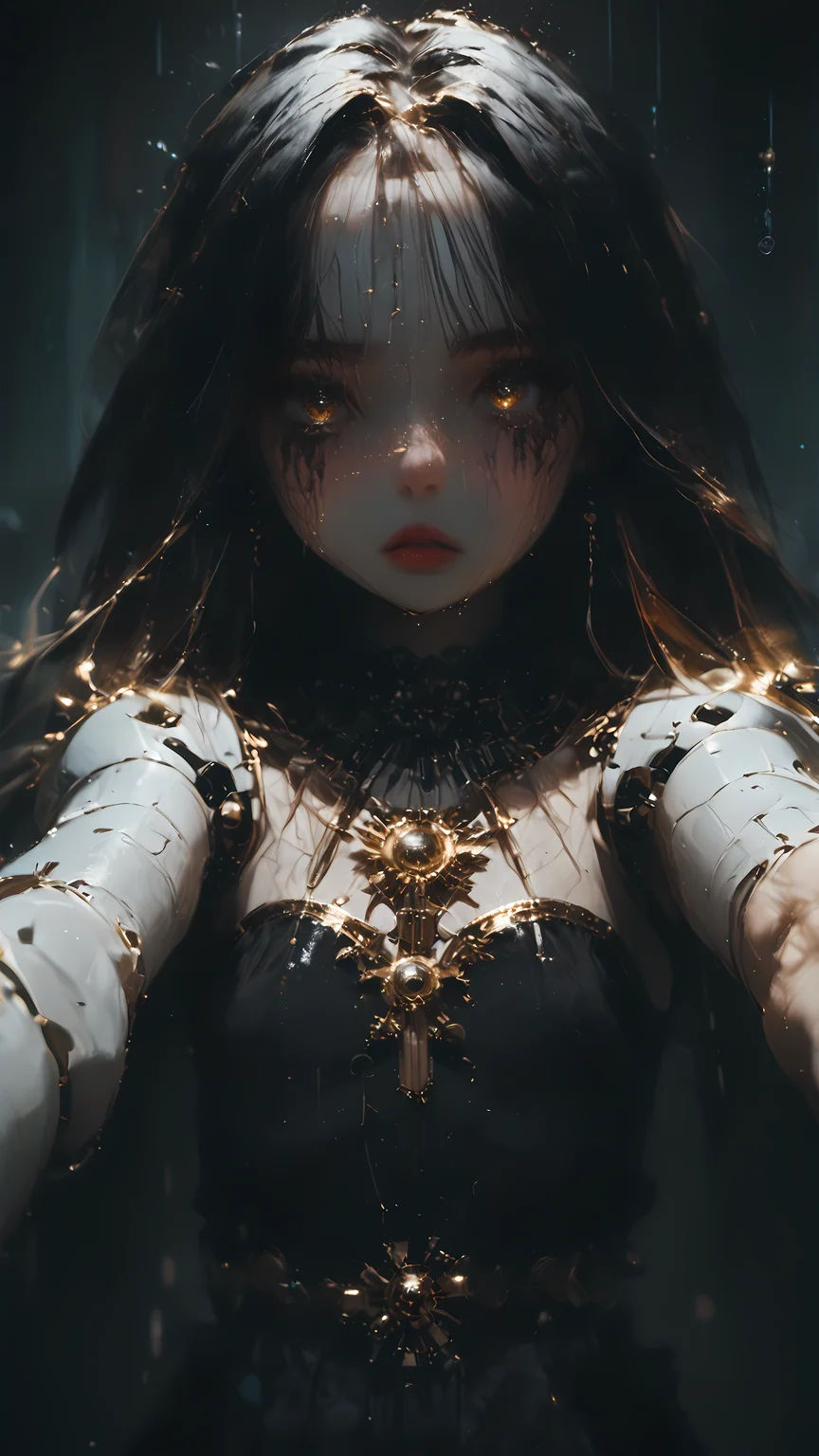 score_9, score_8_up, score_7_up, rating_safe, solo,
1girl, black dress, gothic dress, black hair, long hair, gold eyes, starburst eyes, bright eyes, detailed eyes, hands out, ball joints, lace, mechanical parts,
fake eyes, 3d style, blank eyes, reelmech, glass eyes, running mascara, black maskara, thick mascara, flat chest, ragdoll look, gold thread, parted lips, bare arms, sleevless, mechanical arms, robot, facing viewer, outstretched arm, from front, raining, rain, tears, (hands reaching for viewer,:1.5) broken parts, leather belt,arms reaching for viewer,
<lora:Expressive_H:1> <lora:princess_xl_v2:1> <lora:Fant5yP0ny:1> <lora:Vixons Pomy Styles Gothic Neon:.45> <lora:HKStyle_V3:1> <lora:Reelmech_pony_ed_v1_3:1> <lora:PDXL_Lucanna_BJD_v1:1> <lora:CRYSTALCRYBABY:1>
