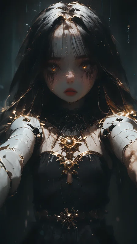 score_9, score_8_up, score_7_up, rating_safe, solo,
1girl, black dress, gothic dress, black hair, long hair, gold eyes, starburst eyes, bright eyes, detailed eyes, hands out, ball joints, lace, mechanical parts,
fake eyes, 3d style, blank eyes, reelmech, glass eyes, running mascara, black maskara, thick mascara, flat chest, ragdoll look, gold thread, parted lips, bare arms, sleevless, mechanical arms, robot, facing viewer, outstretched arm, from front, raining, rain, tears, (hands reaching for viewer,:1.5) broken parts, leather belt,arms reaching for viewer,
<lora:Expressive_H:1> <lora:princess_xl_v2:1> <lora:Fant5yP0ny:1> <lora:Vixons Pomy Styles Gothic Neon:.45> <lora:HKStyle_V3:1> <lora:Reelmech_pony_ed_v1_3:1> <lora:PDXL_Lucanna_BJD_v1:1> <lora:CRYSTALCRYBABY:1>