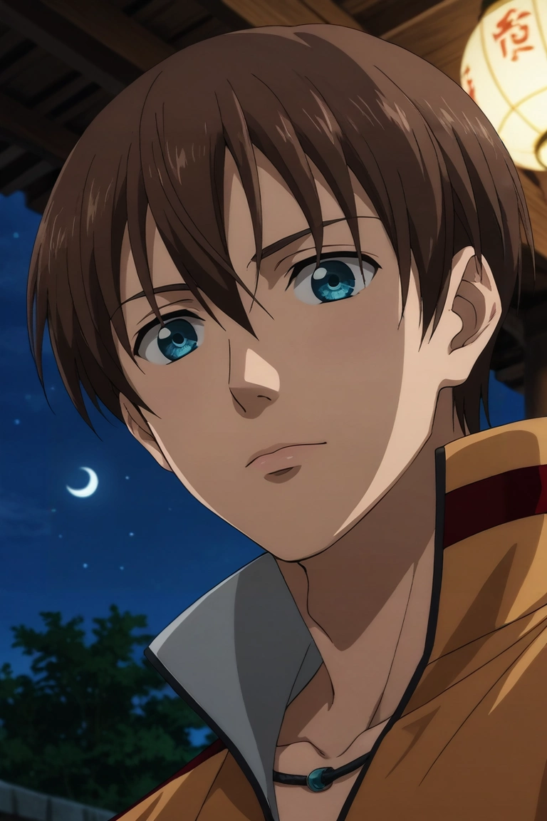 score_9, score_8_up, score_7_up, source_anime, rating_safe, intricate details, anime screencap, , official style, looking at viewer, depth of field, 1boy, solo, male focus, <lora:kensuke_hanasaki_pony:0.74>, kensuke_hanasaki, brown hair, blue eyes, short hair, hair between eyes, from below, east asian architecture, night, crescent moon, lying, on back, speaking, talking, , <lora:sdxl_lightning_8step_lora:1>