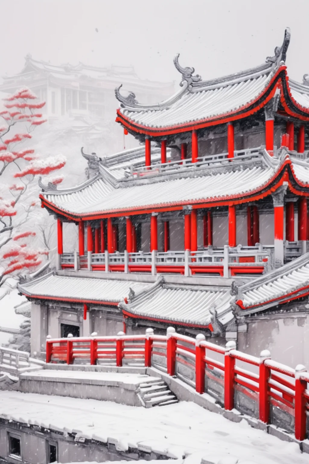 <lora:Chinese Architecture-R-000009:0.6>,chinese architecture,chinese tradition architecture, Red and gray tone buildings, red columns, cornice corners, red guardrails, white steps, light gray lines, a simple and clean background,snowing, <lora:blindbox_v1_mix:1.0>