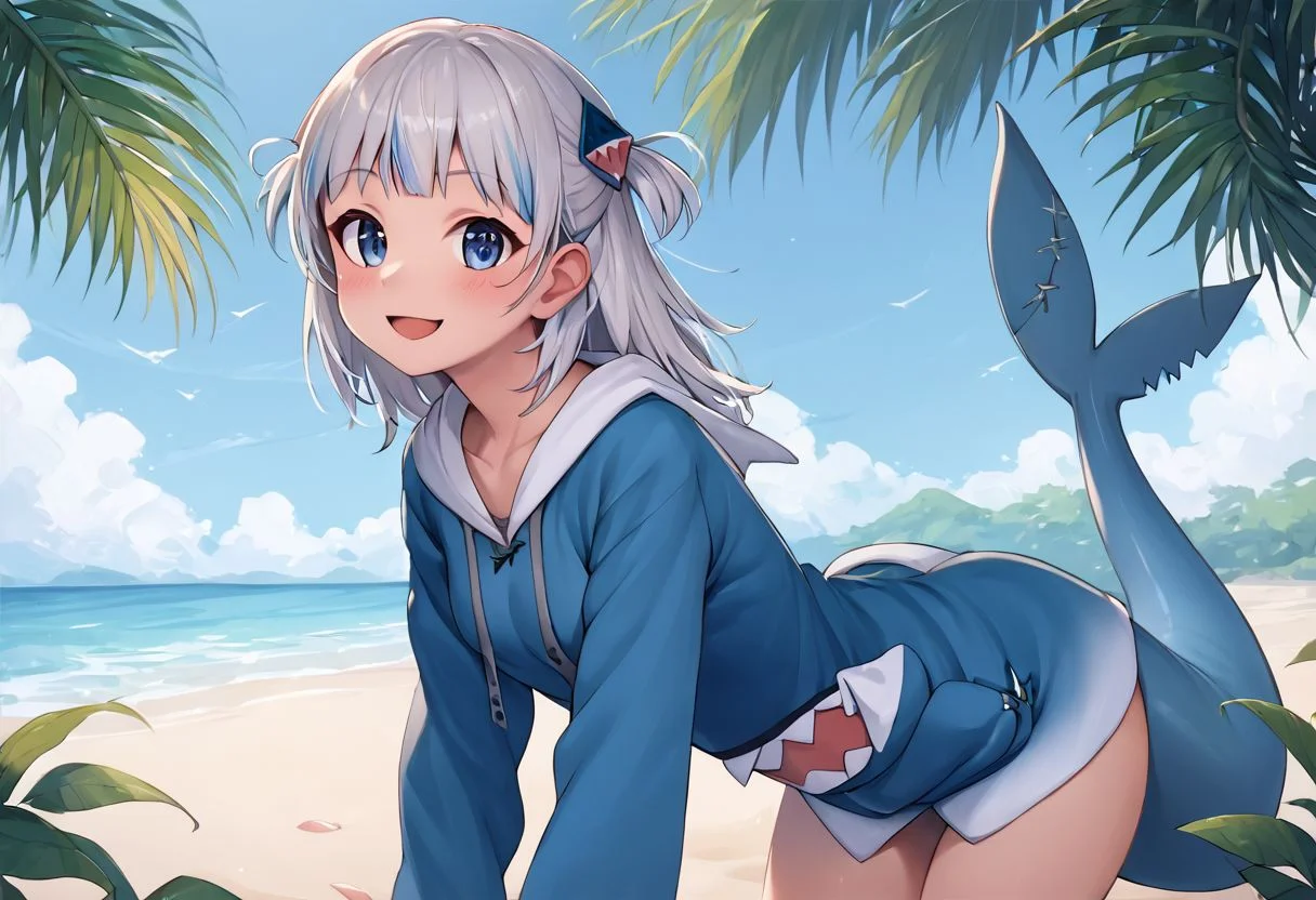 score_9, score_8_up, score_7_up, score_6_up, score_5_up, score_4_up, best quality, 1girl, 1boy, anatomically correct, detailed background, complex shadows, highly detailed hands, highly detailed legs, intricate details, perfect body, highly detailed body, high detail, detailed eyes, perfect hands, detailed face, beautiful face, anime, gawr gura, blue hoodie, two side up, shark hair ornament, shark tail, small breasts, big ass, beach, happy, solo, short stature