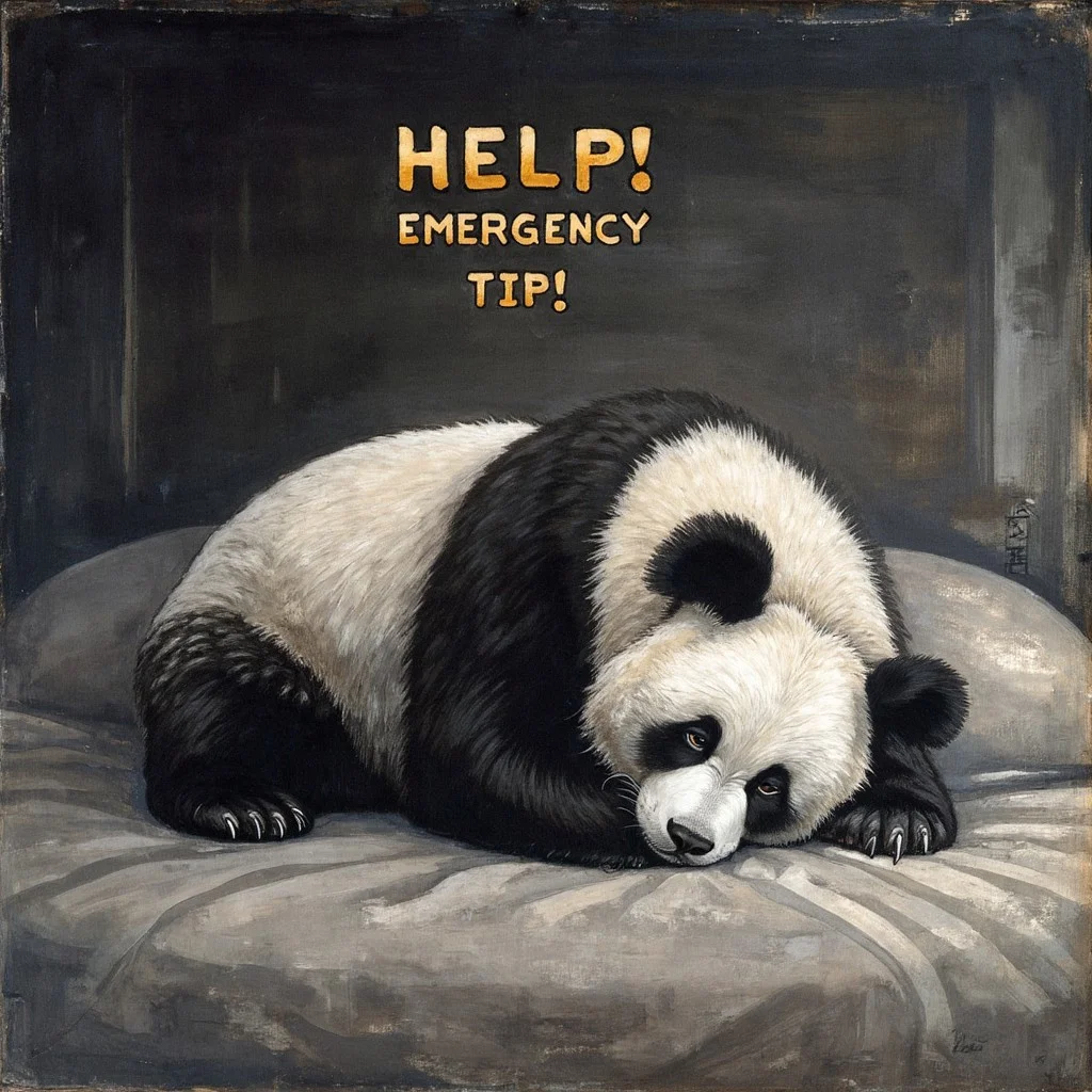 Japanese Painting by fusenT2, a black and white giant panda sleeping at a bed.
the big shiny text "HELP! EMERGENCY! TIP!" on the top center.