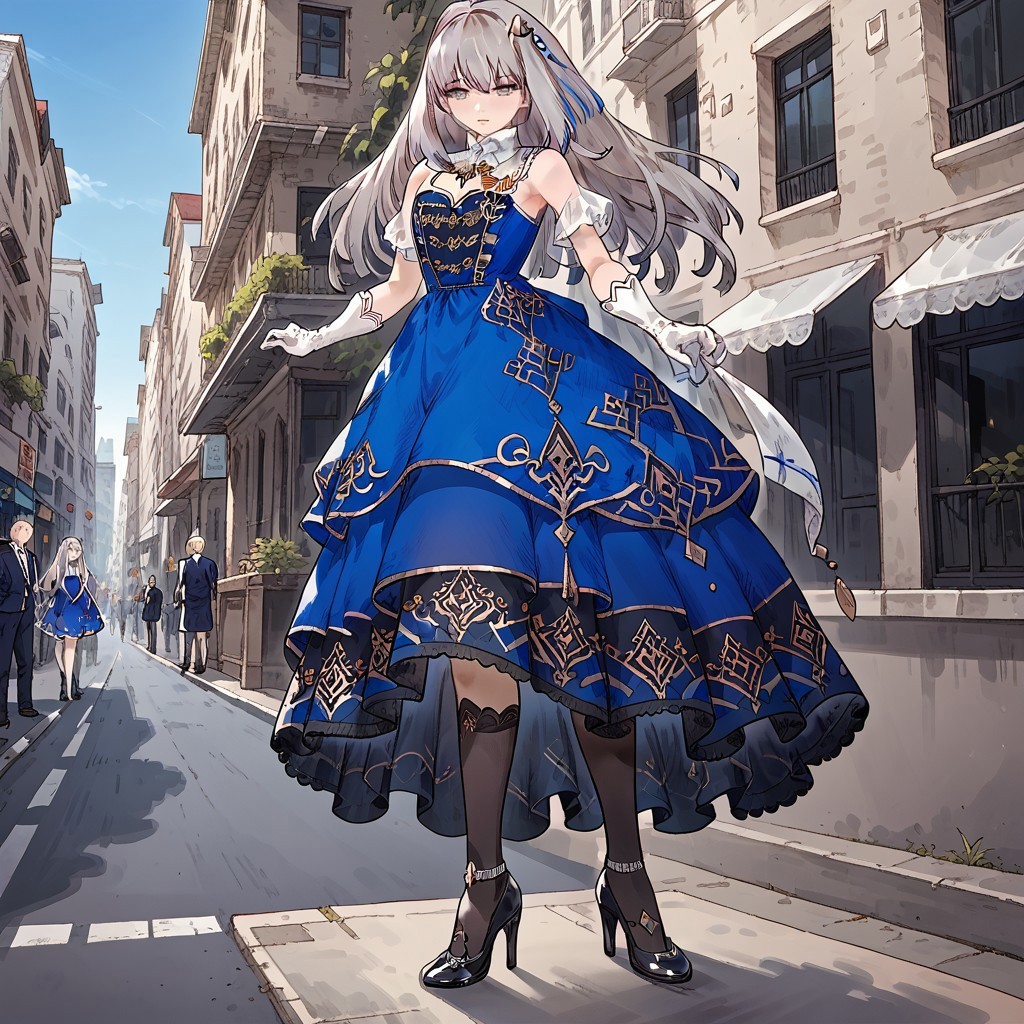 1girl,solo,dress,high heels,black footwear,long hair,blue dress,regalia_gloves,grey hair,hair ornament,regaliaglaciela, standing,kneehighs,outdoors,streets,Expressiveh