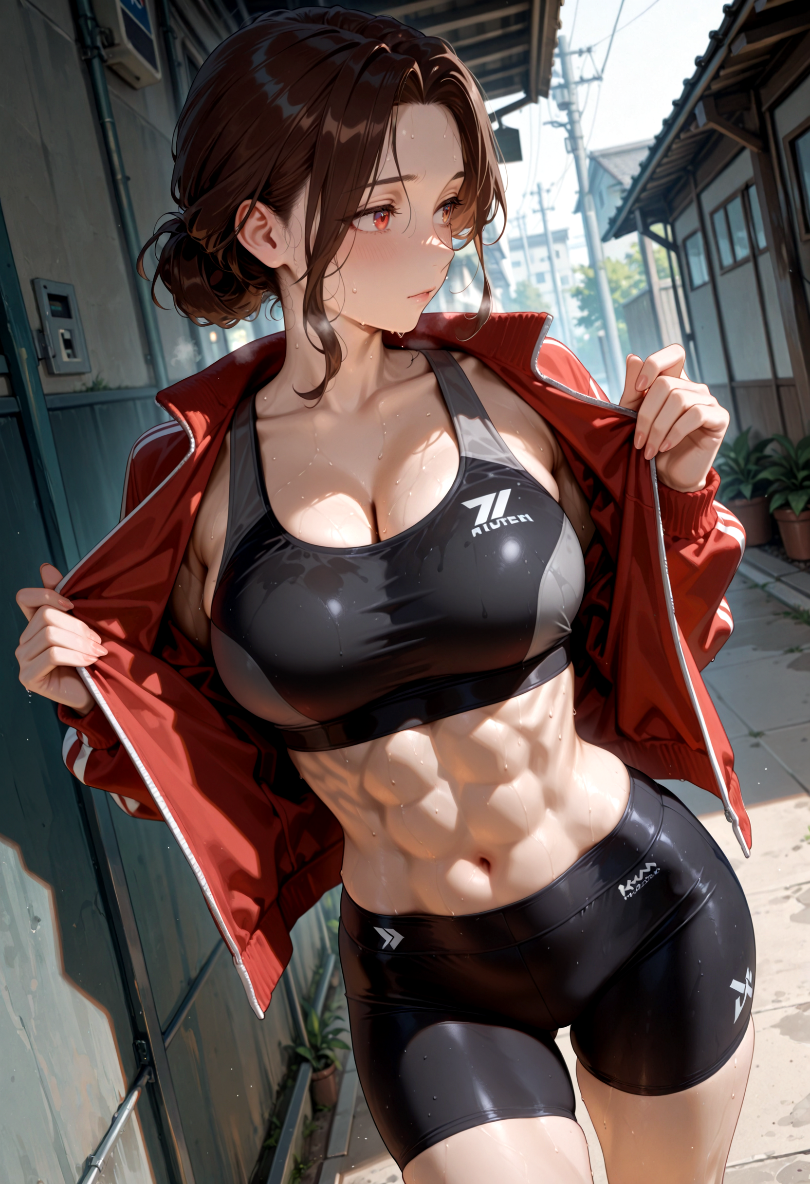 masterpiece, best quality, very aesthetic, newest, detailed background, ambient lighting, detailed shading, detailed clothing, dutch angle, perspective, BREAK mature female, brown hair, toned, fingernails, spandex shorts, sports bra, open jacket, track jacket, sweat, looking aside, outdoors,