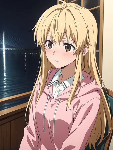 masterpiece,best quality,newest,
1girl,solo,
anime screencap,<lora:s_raimei_ilxl_v1.0:1>,s_raimei,blonde hair,brown eyes,hair down,very long hair,
<lora:Fixhands_anime_bdsqlsz_V1:1>,embarrass,light_blush,long_sleeves,pink hoodie,collared_shirt,upper_body,portrait,front view,<lora:commercial_facility_ilxl_1.0:1>,c_f00,night,night_sky,bridge,ocean,chair,