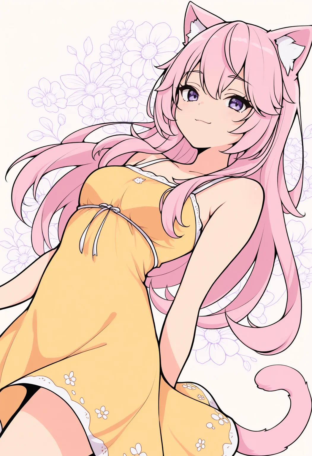 masterpiece, best quality, 1girl, solo, Ny4nners, purple eyes, pink hair, long hair, cat ears, cat tail, lineart, smile, yellow sundress, floral background, print background, dutch angle, dynamic pose, <lora:ChamNyatashaNyannersNoob:1>