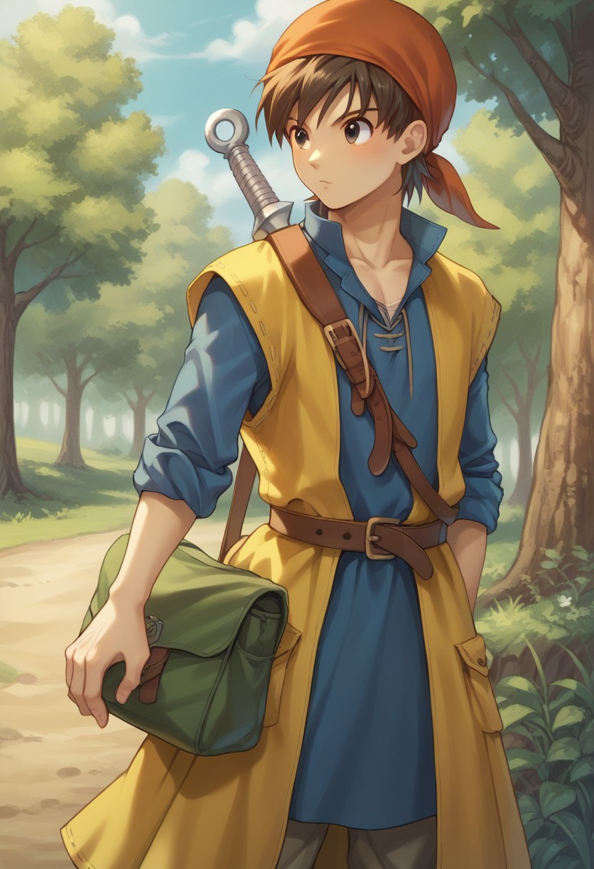 score_9, score_8_up, score_7_up, source_anime, highly detailed, 
herodq, 1boy, male focus, solo, bandana, red bandana, brown hair, short hair, black eyes, tunic, blue tunic, long sleeves, sleeves rolled up, coat, yellow coat, sleeveless coat, belt, pants, pants tucked in, bag, pouch, boots, brown footwear, weapon, sword on back, sheat, sheathed,
outdoor, wood,