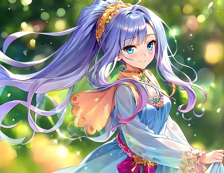 score_9,score_8_up,score_7_up,source_anime,1girl,gentle smile,:d,;d,cowboy_shot,light_blush,hair fluttering in the wind,light blue dress,shiny_clothes,see-through_sleeves,lens_flare,bokeh,early summer,nature,fantastic atmosphere,<lora:pony_xl_Priscilla:0.8>,Priscilla,