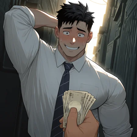 masterpiece, best quality, absurdres, newest, perfect quality, best quality, intricate details, bara, male, 1boy, white collar shirt, tie, black hair, nervous, alley, dim lighting, offering money, hand behind head, nervous smile, holding money, pov, solo