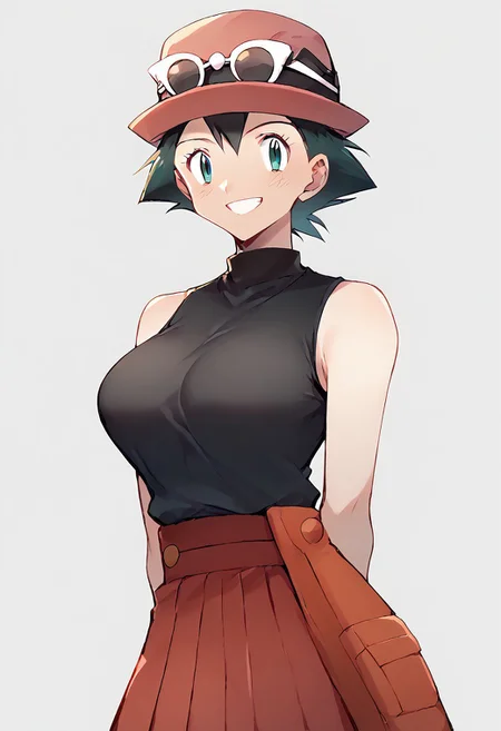 score_9, score_8_up, score_7_up, ((ash3)), black hair,
1girl, big breasts, genderswap (mtf),gender swap, solo, ketchum ash, looking at viewer, (smiling) , curvy, wide hips,, <lora:jyojimizugi_XL_V1.0:0.6> jyojimizugi,
eyewear on head, hat, pleated skirt, sunglasses, black shirt, sleeveless, red skirt, jockey hat,
serena,