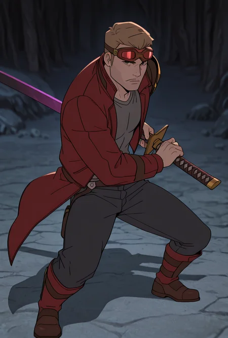 <lora:starlord-10:1> starlord, 1boy, dirty blonde hair, red jacket, gray shirt, short hair, open jacket, looking at viewer, goggles on head, head goggles, full body, long red coat, , black jeans, holding purple sword,  oni mask shoulder guard, <lora:Battoujutsu_Stance:1> battoujutsu stance, solo, masterpiece, best quality, amazing quality, very aesthetic, absurdres, newest,