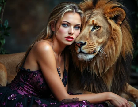 <lora:Briana_Banks:1> A captivating 3D render of a stunning portrait, where a 20-year-old Germanic woman with long golden hair, blue eyes, and red lips is seated gracefully next to a majestic African lion. They share a mesmerizing gaze, reflecting their unexpected bond. The woman is dressed in a romantic black and violet gown, which contrasts beautifully with the lion's golden fur. The soft, cinematic lighting envelops both the woman and the lion, emphasizing their beauty and the delicate connection between them. This conceptual art piece showcases the artist's signature style, making it a truly unforgettable and conceptual masterpiece., 3d render, photo, conceptual art, illustration. Looking at viewer.<lora:midjourney_whisper_flux_lora_v01:0.7>