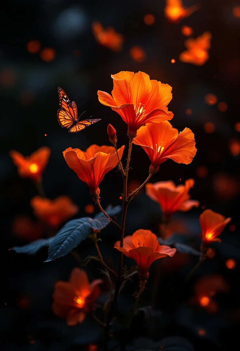 portrait, masterpiece, 4k, ray tracing, intricate details, highly-detailed, hyper-realistic, 8k RAW Editorial Photo.
vibrant orange Bleeding Hearts flowers and glowing red butterflies against a pitch-black background Painterly, surreal, vibrant glow, bokeh, 8k,
cinematic light, dramatic light, shallow depth of field, high budget, bokeh, cinemascope, film grain,