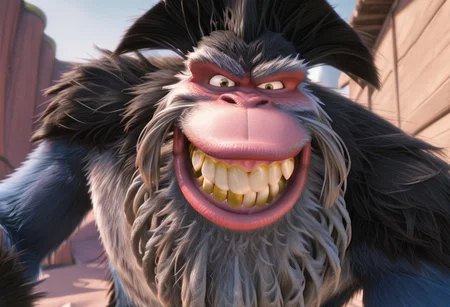 core_9, score_8_up, score_7_up, score_6_up, score_5_up, score_4_up, detailed background, detailed face, 1boy, solo, male, short legs, several gold crowns in the mouth, Captain Gutt. Gigantopithecus, thick fur, crooked teeth, cartoon, long arms, hairstyle, Ice Age Style, 3d, monkey face