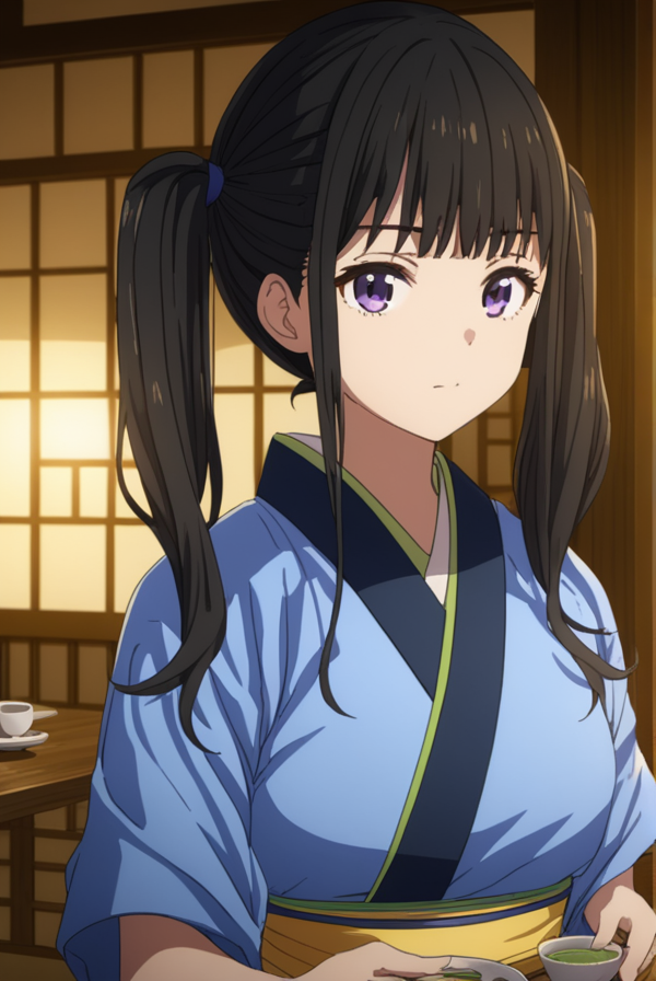 masterpiece, best quality, highres, 4k, 8k, intricate detail, cinematic lighting, amazing quality, amazing shading, soft lighting, Detailed Illustration, anime style,
takinainoue, <lora:takina-inoue-s1-sdxl-lora-nochekaiser:0.75>,
inoue takina, long hair, bangs, black hair, twintails, purple eyes,
japanese clothes, kimono, apron, waist apron, blue kimono, waitress,
indoors, restaurant, tea house, tea, green tea, 
looking at viewer, cowboy shot,