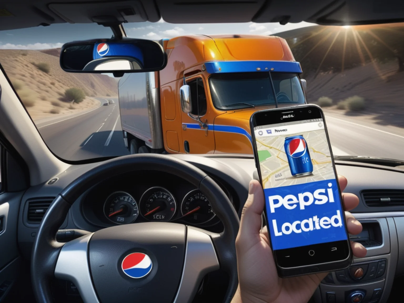 Pepsi GPS, Playing Pepsi GO whilst driving, holding mobile phone, Pepsi Man in rearview mirror, mirror, text on phone says "PEPSI LOCATED", text, flare, imminent collision, bold white font, google maps on phone, pepsi can on google maps, behind the wheel, DUI, under the influence of pepsi, bright headlights, 18 wheeler carrying oil from front, guaranteed multiple car pile up with many casualties, 8K HDR, Studio quality, (I reincarnated as a can of pepsi), Truck-Kun, soft depth of field, cinematic