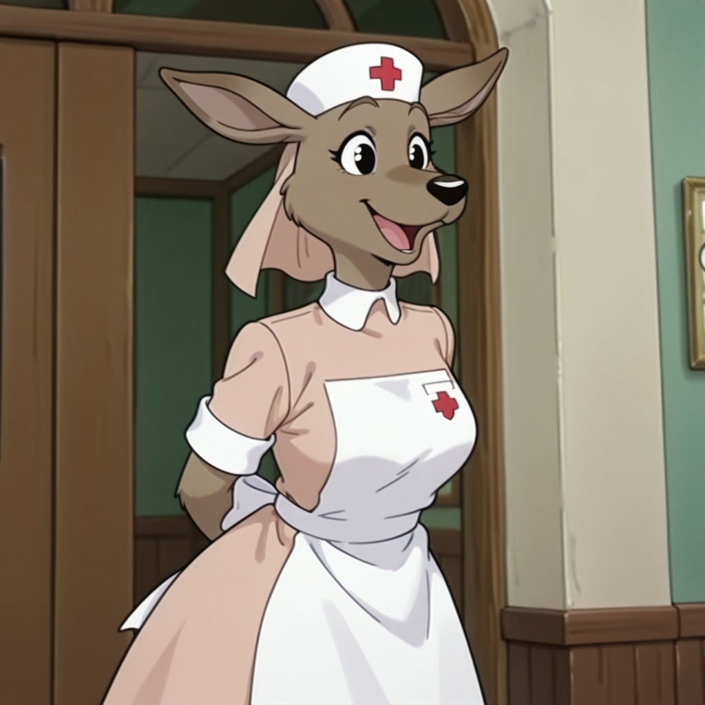 masterpiece, best quality, amazing quality, roonurseil, semi-anthro, female, kangaroo, brown fur, black eyes, pink dress, white trim, white apron, medal, white nurse cap, pink veil, red cross, happy, inside, solo