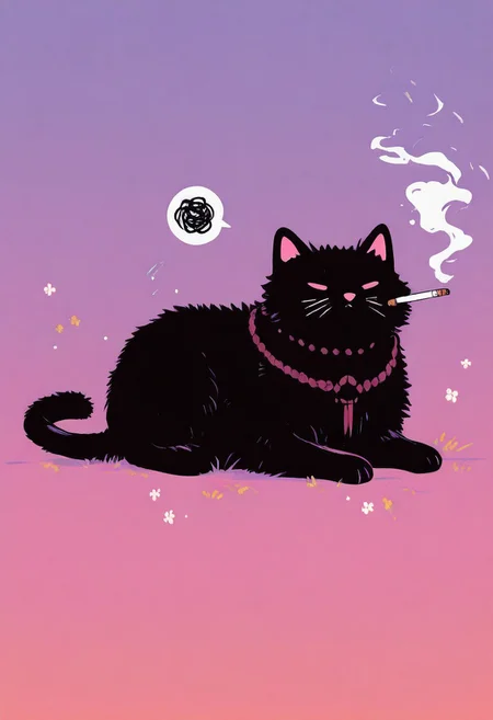 masterpiece, best quality, amazing quality, very aesthetic, absurdres, newest
Flatline, Flat vector illustration
a cat, no humans
smoking cigarette, holding cigarette, arm rest, bored, grumpy, spoken squiggle
blurry foreground
glitch effects
wtfisthis, vdsur, surreal <lora:spo_sdxl_10ep_4k-data_lora_webui:0.8> <lora:reij-detaILer_v2:0.4> <lora:Wtf-is-this-LoRA:0.8> <lora:Flatline_vector_illustration_v1.0:1> <lora:Vonderful_Psychasurreal:0.8>