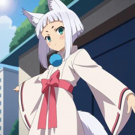 score_9, score_8_up, score_7_up, score_6_up, score_5_up, score_4_up, source_anime, anime coloring, anime screencap, megami magazine, BREAK, Uncensored, Street background, sunlight, kon, fox girl, white kimono, flat chest, petite, thin, White hair, White Tail, Standing, <lora:sdxl_lightning_8step_lora:1> <lora:Kon:0.8>