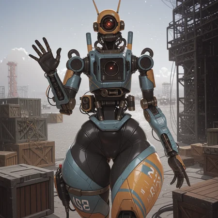 masterpiece, best quality, absurdres, highres, high quality, highly detailed,
1girl, solo, pathfinder \(apex legends\), robot, mecha, one-eyed, mechanical eye, no humans, looking at viewer,
robot joints, mechanical arms, mechanical legs, mechanical hands, cable, wire, antenna, wide hips, huge hips, huge thighs, thick thighs, synthetic skin, cameltoe,
waving,
outdoors, depth of field, cinematic, oil rig, industrial, box, crate,
no lineart, pixelsketcher, <lora:incase_new_style_red_ill:0.6>, <lora:bonifasko_ill:0.4>, <lora:Better_Robotics:0.9>