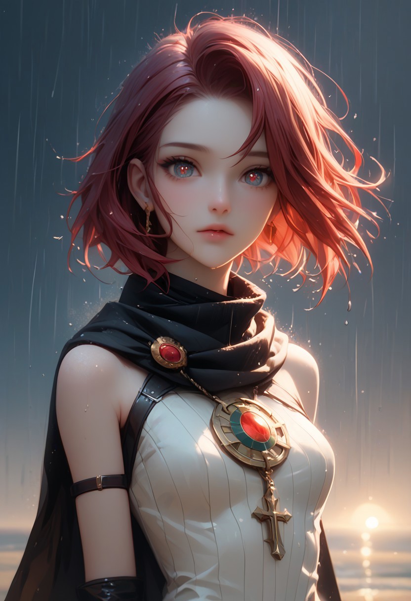 score_9, score_8_up, score_8_up,  female, hight quality, best art, detailed , good quality, rendered details. Adorable.  Hight resolution. perfect.  Full body view,  Slim figure, estetic, Erotic girl, ((magical eyes)),  pale skin, ((red hairs)), ((amulet with sun logo)), ((tounick crusader style, black scarf, leather glove)), ((in the dark deserd with magical black sand)), ((luuminous nymb circle form)), ((SHE HOLD WHITE MASK with gold patternsd and black runes)), ((black rain))