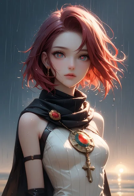 score_9, score_8_up, score_8_up, female, hight quality, best art, detailed , good quality, rendered details. Adorable. Hight resolution. perfect. Full body view, Slim figure, estetic, Erotic girl, ((magical eyes)), pale skin, ((red hairs)), ((amulet with sun logo)), ((tounick crusader style, black scarf, leather glove)), ((in the dark deserd with magical black sand)), ((luuminous nymb circle form)), ((SHE HOLD WHITE MASK with gold patternsd and black runes)), ((black rain))