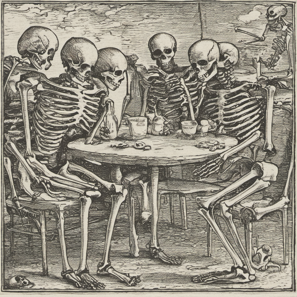high quality, masterpiece,  dansemacabre  ,skeletons having a meeting  <lora:dansemacabre-000007:1>