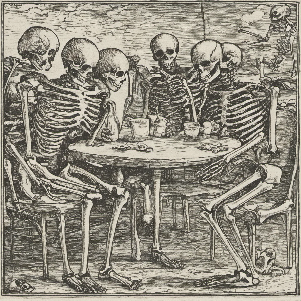 high quality, masterpiece, dansemacabre ,skeletons having a meeting <lora:dansemacabre-000007:1>