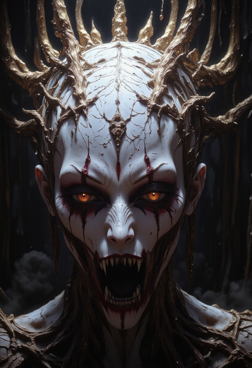 the Mokosh is an ancient drow and mythical female creature. She has long, sharp fangs for teeth and many spikes protruding from its head as it stares at the viewer with old soulless eyes, Her skin is white, engraved stone where every grove tells a story. She wears makeup like a clown. It is snarling menacingly at the viewer, demanding respect and loyalty. Extreme closeup head portrait, hyperdetailed, 8k resolution concept art, WLOP, Moebius, H.R. Giger, Royo, muddy, dark colors, minimal lighting, hyperrealism, digital illustration, intricate,( vapor:0.9), dorian cleavenger, brom, hyperrealism, digital illustration, horror, dark environment, (&:0)t  (photography, high-resolution, dynamic, energetic,hyper-realistic, dramatic lighting, shallow depth of field.)