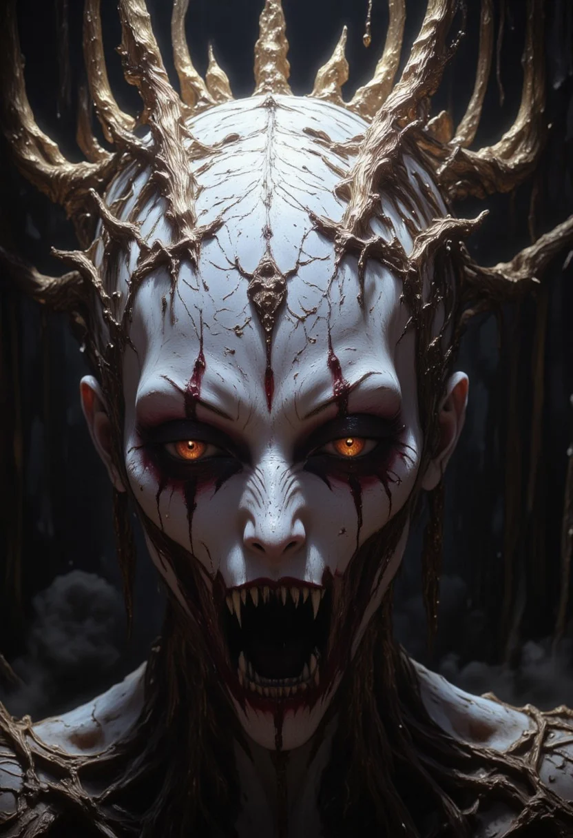 the Mokosh is an ancient drow and mythical female creature. She has long, sharp fangs for teeth and many spikes protruding from its head as it stares at the viewer with old soulless eyes, Her skin is white, engraved stone where every grove tells a story. She wears makeup like a clown. It is snarling menacingly at the viewer, demanding respect and loyalty. Extreme closeup head portrait, hyperdetailed, 8k resolution concept art, WLOP, Moebius, H.R. Giger, Royo, muddy, dark colors, minimal lighting, hyperrealism, digital illustration, intricate,( vapor:0.9), dorian cleavenger, brom, hyperrealism, digital illustration, horror, dark environment, (&:0)t (photography, high-resolution, dynamic, energetic,hyper-realistic, dramatic lighting, shallow depth of field.)