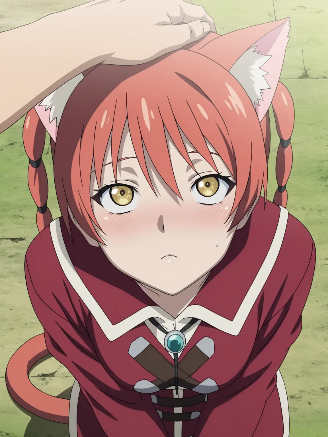 best quality, amazing quality, very aesthetic, absurdres, masterpiece, <lora:Ran_Theoria_ILXLv0:0.9> ran_theoria, anime screencap, headpat, pov hands, cat ears, cat tail, cat girl, looking up, yellow eyes,