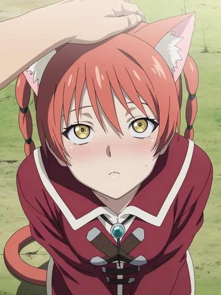 best quality, amazing quality, very aesthetic, absurdres, masterpiece, <lora:Ran_Theoria_ILXLv0:0.9> ran_theoria, anime screencap, headpat, pov hands, cat ears, cat tail, cat girl, looking up, yellow eyes,
