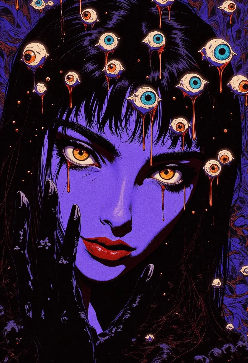 A surreal and highly detailed 8K digital illustration of a close-up view of a woman with an otherworldly expression, her vivid, iridescent lavender skin contrasting sharply with her glowing, slit-pupiled cat eyes. The eyes emit an eerie luminescence, shifting subtly between shades of emerald and gold. Wet strands of her dark hair cascade around her face, while her bold deep-red lips and glossy, manicured fingernails add a striking vibrancy. Above her head, multiple eyeballs of varying sizes and colors—ranging from deep blues and greens to bright yellows and reds—drip like liquid in a surreal, disturbing display. These eyeballs are intricately detailed, their irises and pupils highly realistic, suspended in a viscous, unnatural substance that adds to the eerie aesthetic. The dark, abstract background features swirling, chaotic patterns and more dripping liquid, complementing the unsettling mood. Dramatic, cinematic lighting highlights the sharp contours of her face, casting deep shadows that emphasize her unsettling beauty and the surreal elements around her. The composition masterfully blends realism and surrealism, creating an intricate and emotionally charged scene designed to evoke mystery, tension, and awe, capturing a bold artistic vision.