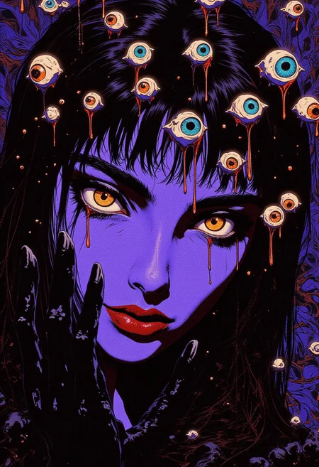 A surreal and highly detailed 8K digital illustration of a close-up view of a woman with an otherworldly expression, her vivid, iridescent lavender skin contrasting sharply with her glowing, slit-pupiled cat eyes. The eyes emit an eerie luminescence, shifting subtly between shades of emerald and gold. Wet strands of her dark hair cascade around her face, while her bold deep-red lips and glossy, manicured fingernails add a striking vibrancy. Above her head, multiple eyeballs of varying sizes and colors—ranging from deep blues and greens to bright yellows and reds—drip like liquid in a surreal, disturbing display. These eyeballs are intricately detailed, their irises and pupils highly realistic, suspended in a viscous, unnatural substance that adds to the eerie aesthetic. The dark, abstract background features swirling, chaotic patterns and more dripping liquid, complementing the unsettling mood. Dramatic, cinematic lighting highlights the sharp contours of her face, casting deep shadows that emphasize her unsettling beauty and the surreal elements around her. The composition masterfully blends realism and surrealism, creating an intricate and emotionally charged scene designed to evoke mystery, tension, and awe, capturing a bold artistic vision.
