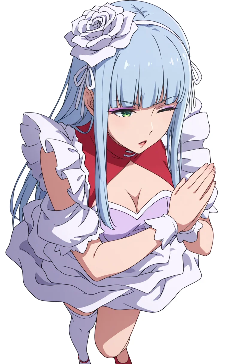 Smooth Quality,masterpiece,very intricate, high quality details, ultra realistic, high detailed skin,detailed enviorement,absurdres,
<lora:Manami_Supernova_CNR:0.8> manami_cnr, 1girl,blue hair, long hair, blunt bangs, green eyes, makeup, lipstick,white flower,hair flower, hair ornament,dress, white dress, leotard, skirt,maid headdress, short sleeves, puffy sleeves, single thighhigh, red shoes,white ribbon,clothing cutout, cleavage cutout,, simple background, white background, from above,solo,
standing with one foot against opposite knee, hands in prayer position ,, ;o,