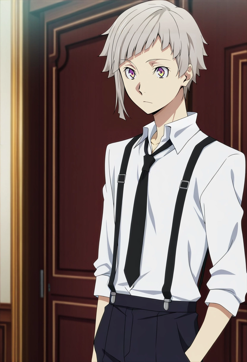 masterpiece, best quality, anime screencap, official style, anime coloring, cowboy shot, 1boy, solo, male focus, <lora:atsushi_nakajima_ilxl:0.98>, atsushi_nakajima, grey hair, yellow eyes, multicolored eyes, purple eyes, short hair, white shirt, collared shirt, suspenders, black necktie,