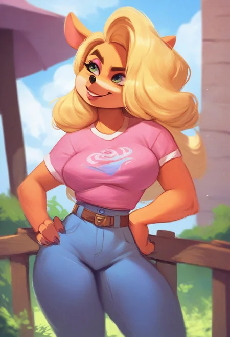 score_9, score_8_up, score_7_up, score_6_up, score_5,f ,pink top,  belt, blue patched pants, ,, tawna  , 1girl,