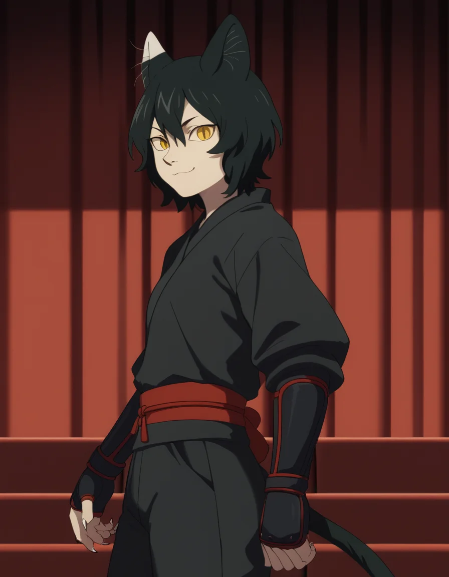 score_9, score_8_up, score_7_up, source_anime, <lora:izutsumi-s1-ponyxl-lora-nochekaiser:1>, izutsumi, black hair, animal ears, tail, yellow eyes, cat ears, cat tail, cat girl, slit pupils,, japanese clothes, gauntlets, ninja, black shirt, black pants,, theater, stage, seats, performance, curtains, smile, from side, looking at viewer, solo,, dutch angle, cowboy shot
