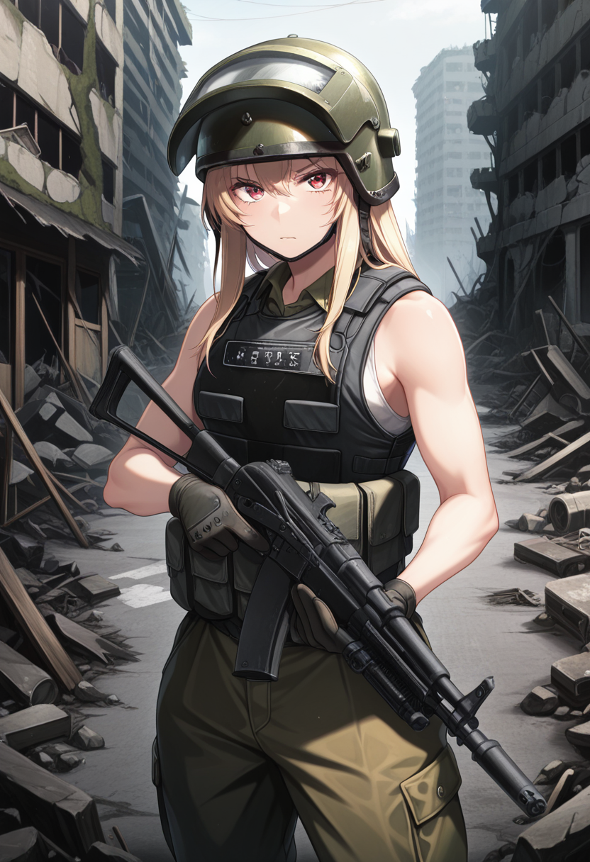 masterpiece, best quality, 4ltyn, combat helmet, visor (armor), 1girl, solo, military, military uniform, cowboy shot, sleeveless, bulletproof vest, athletic, ruins, street, (visor on face),