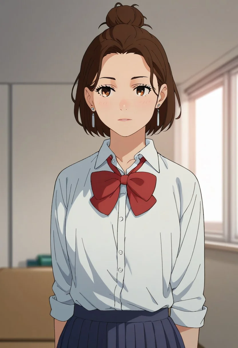 score_9,score_8_up,score_7_up,score_6_up,chromatic aberration,1girl,miko,brown hair,hair bun,single hair bun, short hair,jewelry, earrings,school uniform,shirt, white shirt,collared shirt,skirt,pleated skirt, bow,bowtie,red bow,red bowtie,dark,under light,standing,posing,sexy,indoors,living room,blurry, blurry background,upper body,cowboy shot, dutch angle