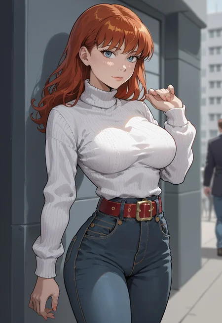 safe_pos, safe_pos, safe_pos, score_9, score_8_up, score_8,source_anime, 1girl,adult girl, 1girl,maryjane, ,blue eyes, ginger, fringe, large breast,red hair,white sweater,30yo, visible collarbones, slender waist, very large hips,large ass,bubble butt,white sweater, belt,high-leg jeans,five fingers per hand, perfect hands, detailed eyes,anime-style, ultra-detailed, vibrant colors, high-quality shading, semi-realistic lighting,solo focus, european style, Expressiveh,easynegative