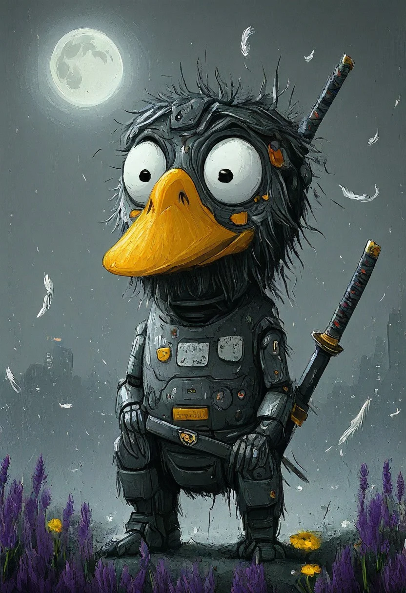 1chicken, yellow bill, red comb, cyber warrior japan, cybernetic samurai , (((katana)))), sitting on one knee, feathers, robot joints, wild, disheveled feathers, enormous expressive eyes, standing among purple lavender and yellow daisies, digital painting with textured brushstrokes, mechanical parts, full moon , city background, dark whimsical, detailed