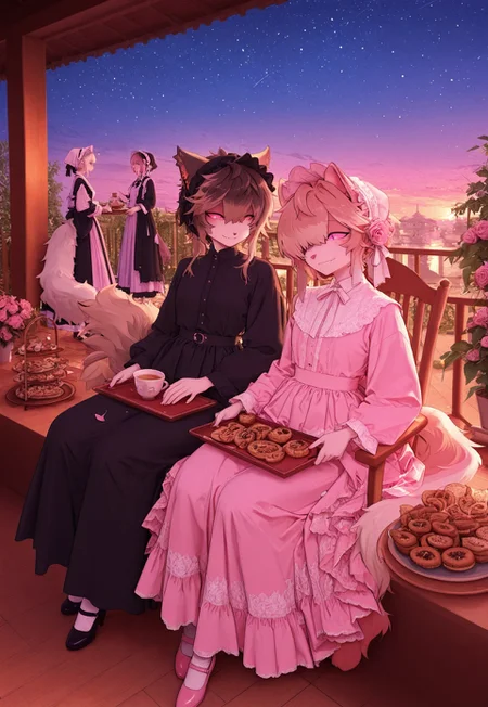 aakkuroyuki, masterpiece, best quality, very aesthetic, absurdres, highres, 2females, duo, monster girls, {{ferret girl:0.8}}, {{rose girl}}, {{rose petal hair}}, {{anthro hybrid}}, {{ferret ears:0.3}}, (snout), {{white fur}}, long fluffy tail, {{ferret girl}}, {{pink sclera}}, japanese-idol-outfit, rose dress, pink dress, natural, garden, manor, springtime, {{sitting}}, leaning back, rocking chair, relaxed, calm, kuudere, fang, kind eyes, {{facing viewer}}, {{legs crossed}}, {{holding tea mug}}, curled tail, pastries, snack tray, side table, 1female, {{traditional maid}}, headdress, black dress, long skirt, mary janes, leaning over, smile, service, {{pouring tea for master}} {{pink make up}}, multiple girls, 2girls, {{master and servant}}, {{flower garden}}, twilight, starry sky, porch, {{background abstract roses}}, 1600's fashion, soft pink glowneon, scenic view, cinematic lighting,close up, face focus, {{psychedelic realm:1.1}}, {{wonderland:0.6}}, soft colored pallete, meticulously detailed image 