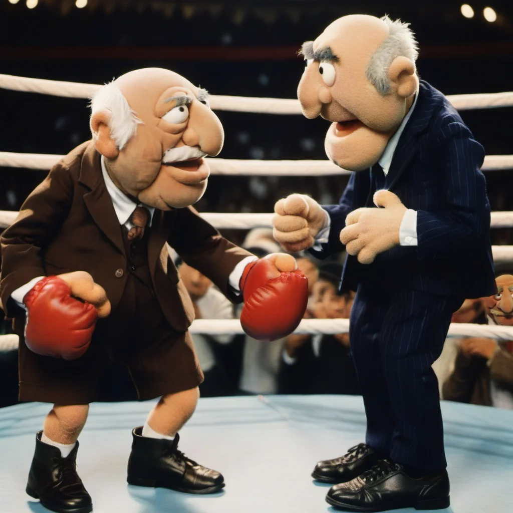 2 old bald muppets, in shorts and ((boxing gloves)) on a ring, crowded stadium, boxe match <lora:StatlerWaldorf1024-000120:0.8>
