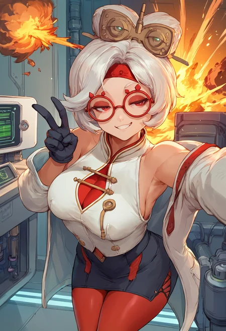 score_9, score_7_up BREAK science fiction,technology,indoors,laboratory,purah,hair ornament, red headband, red glasses, sleeveless shirt, white coat, black skirt, red leggings, gloves,smug,v,selfie,fire,explosion,smoke <lora:csr_pd_glora_t1:1> <lora:purah-pdxl-nvwls-v1:0.8>