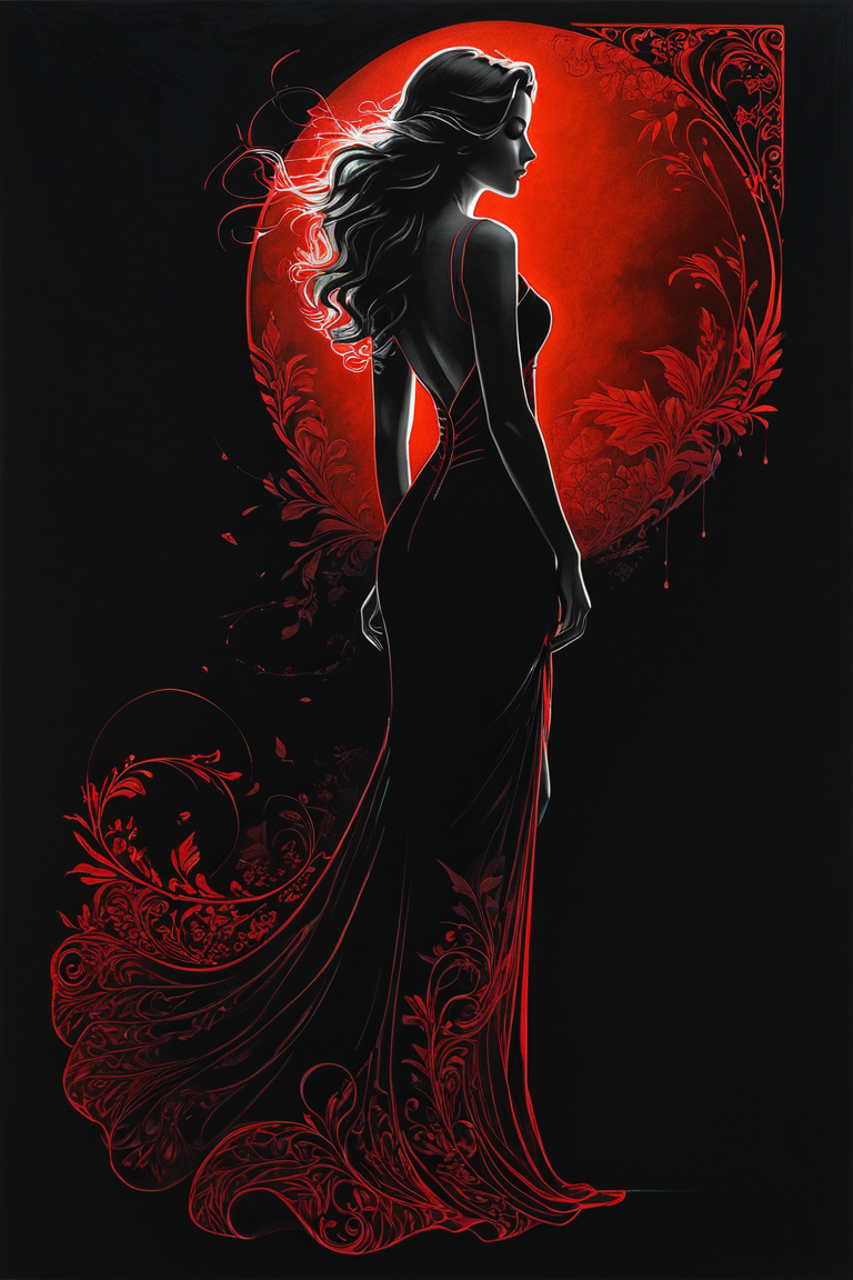 Poster, close-up, Full body, Shadow art, red outline drawing on a dark black background, Red outline silhouette, flowing hair, silhouette of a beautiful young woman, perfect physique, slender graceful forms, charming modesty, perfection in a tight black silk dress, resolution 8k, Side view, Shadows, Mysterious,
style of Jean Baptiste Monge, Thomas Kinkade, David Palumbo, Carne Griffiths.<lora:EMS-368692-EMS:0.300000>, <lora:EMS-365382-EMS:0.500000>, <lora:EMS-268948-EMS:0.200000>